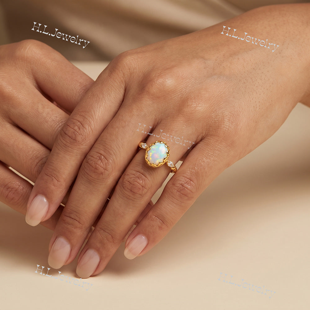 White Opal Vintage Oval Crown Ring with Clear Quartz Accents - H.L.Jewelry