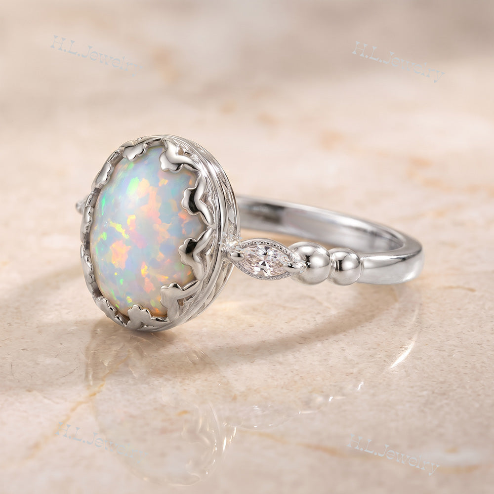 White Opal Vintage Oval Crown Ring with Clear Quartz Accents - H.L.Jewelry