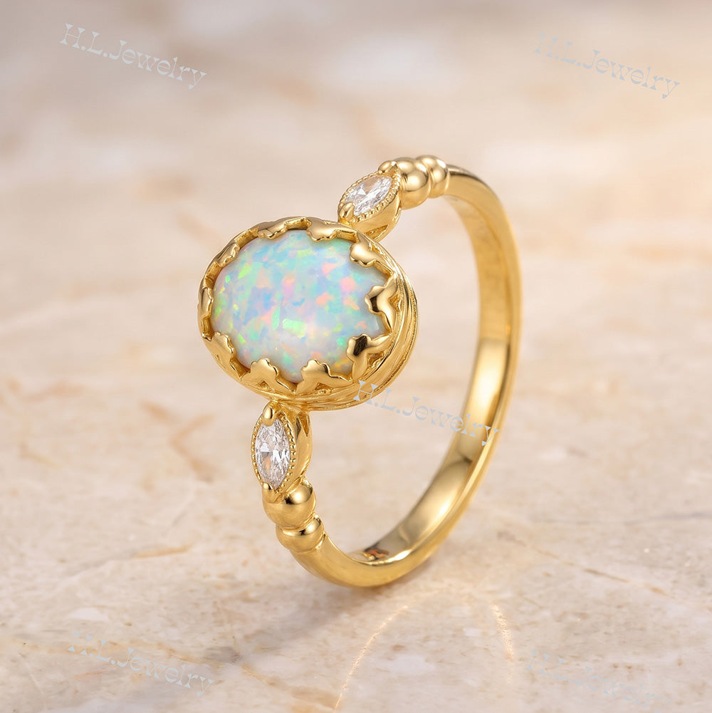 White Opal Vintage Oval Crown Ring with Clear Quartz Accents - H.L.Jewelry