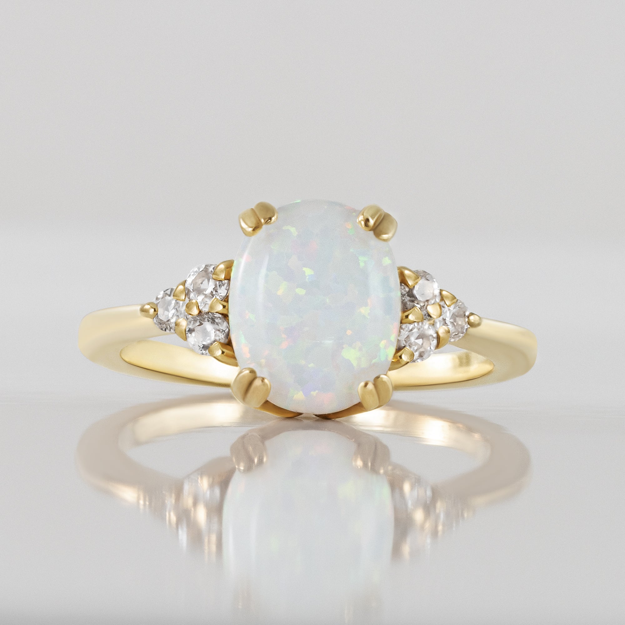 White Opal Ring - Oval White Opal Gemstone Statement Engagement Ring with Clear Quartz Accents - H.L.Jewelry