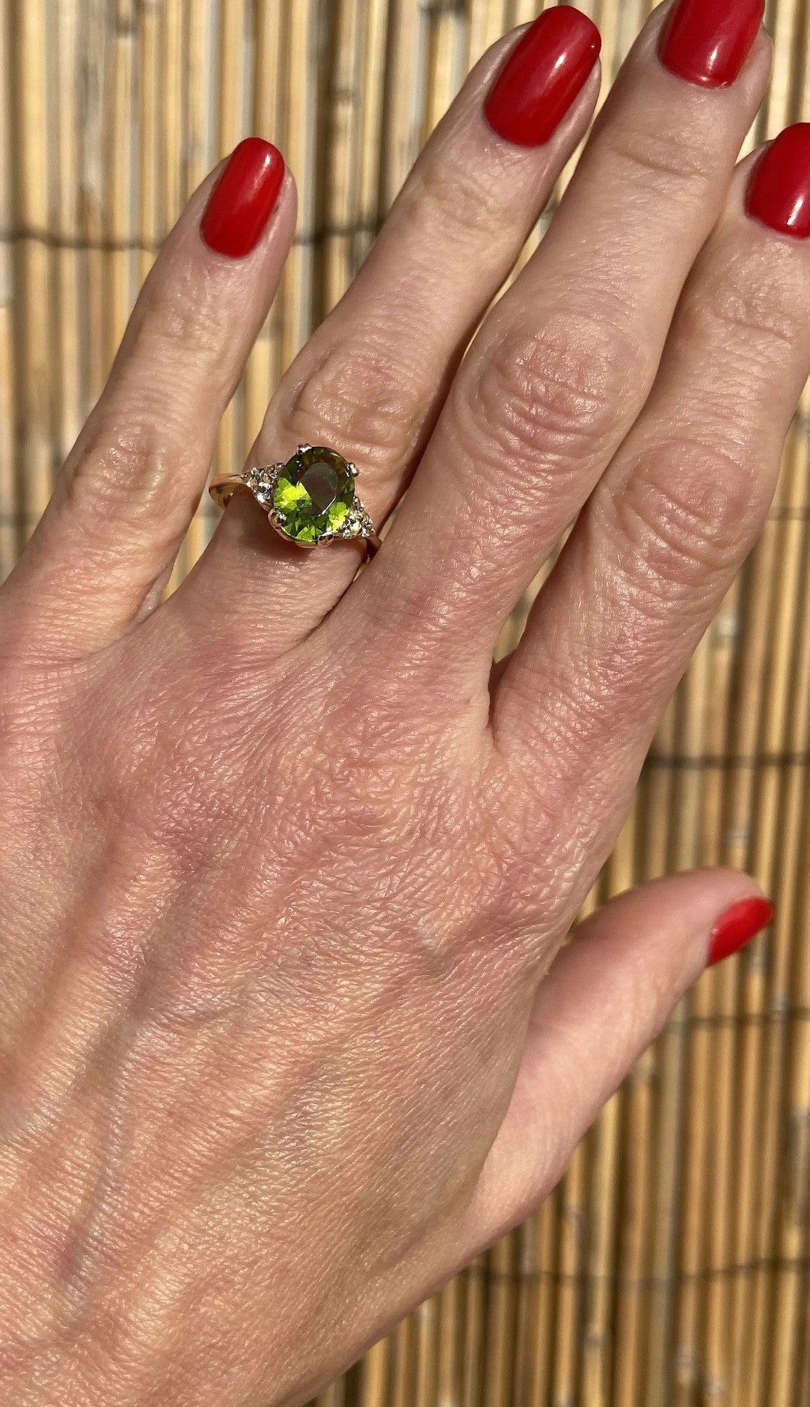 Peridot Ring - August Birthstone Jewelry - Statement Engagement Ring with Oval Peridot Gemstone and Clear Quartz Accents - H.L.Jewelry