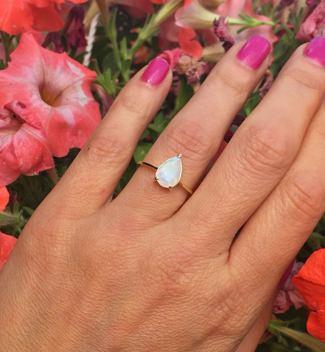 Rainbow Moonstone Ring - June Birthstone - Lace Setting Ring with Pear-Shaped Rainbow Moonstone - H.L.Jewelry