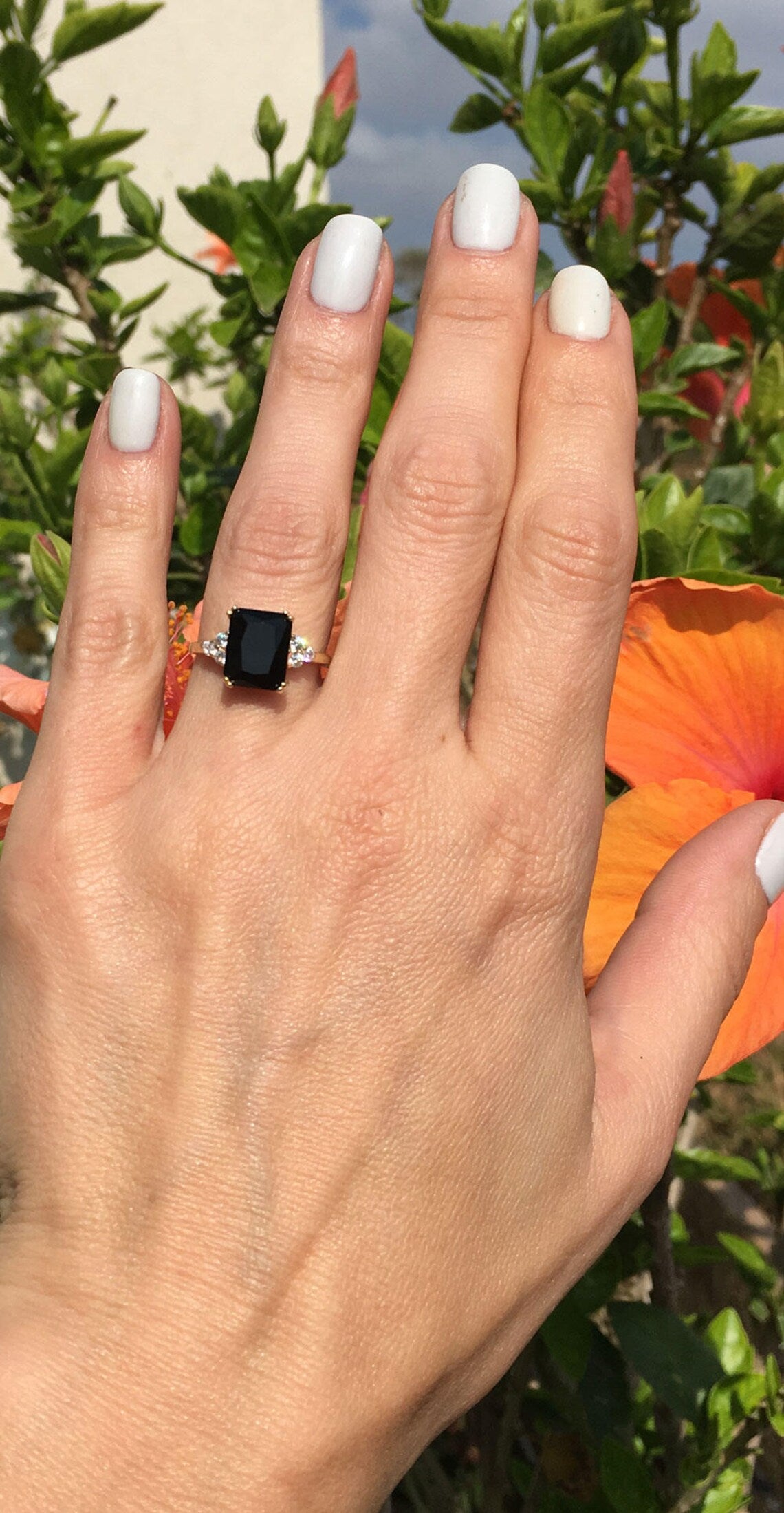 Black Onyx Ring - December Birthstone - Octagon Black Onyx Gemstone Statement Engagement Ring with Clear Quartz Accents - H.L.Jewelry