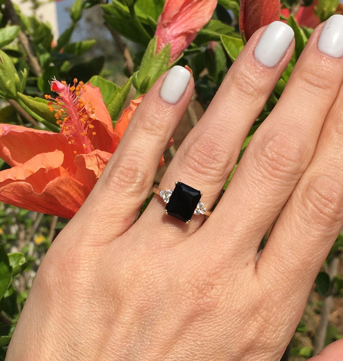 Black Onyx Ring - December Birthstone - Octagon Black Onyx Gemstone Statement Engagement Ring with Clear Quartz Accents - H.L.Jewelry