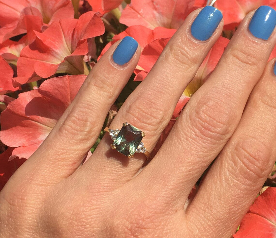 Green Tourmaline Ring - Octagon Green Tourmaline Gemstone Statement Engagement Ring with Clear Quartz Accents - H.L.Jewelry