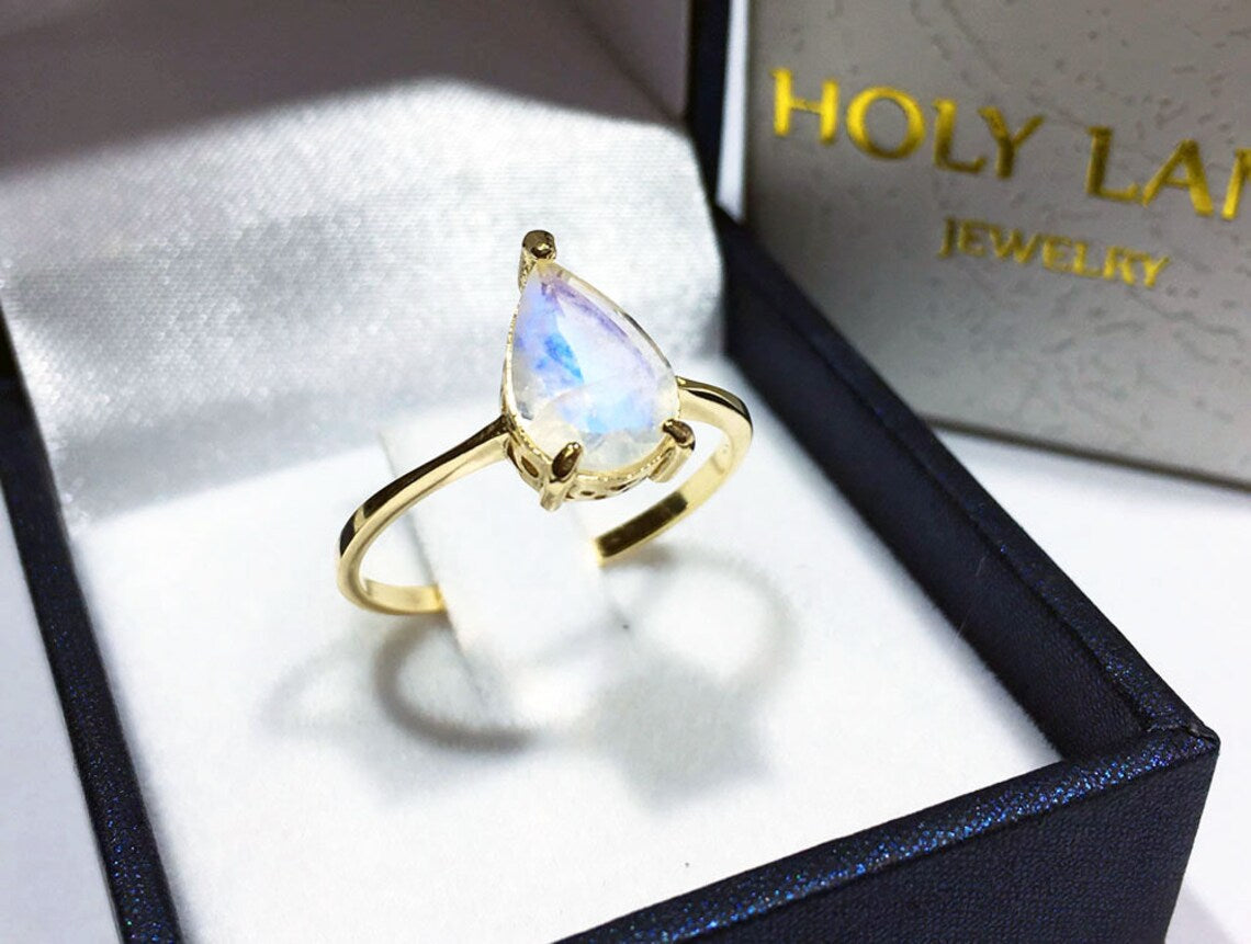 Rainbow Moonstone Ring - June Birthstone - Lace Setting Ring with Pear-Shaped Rainbow Moonstone - H.L.Jewelry