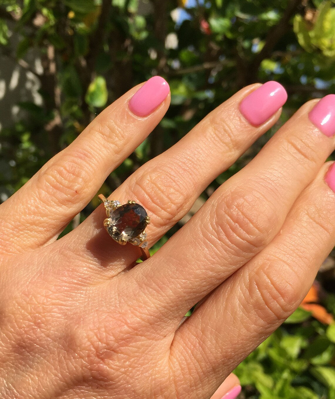 Smoky Quartz Ring - Statement Engagement Ring with Oval Smoky Quartz Middle Gemstone and Clear Quartz Accents - H.L.Jewelry