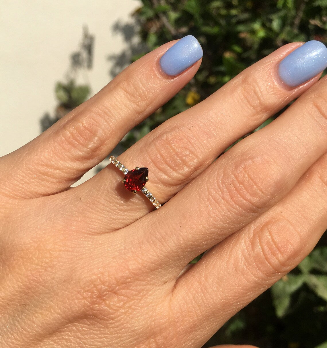 Red Garnet Ring - January Birthstone - Pear-Shaped Red Garnet Gemstone Ring with Clear Quartz Accents - H.L.Jewelry