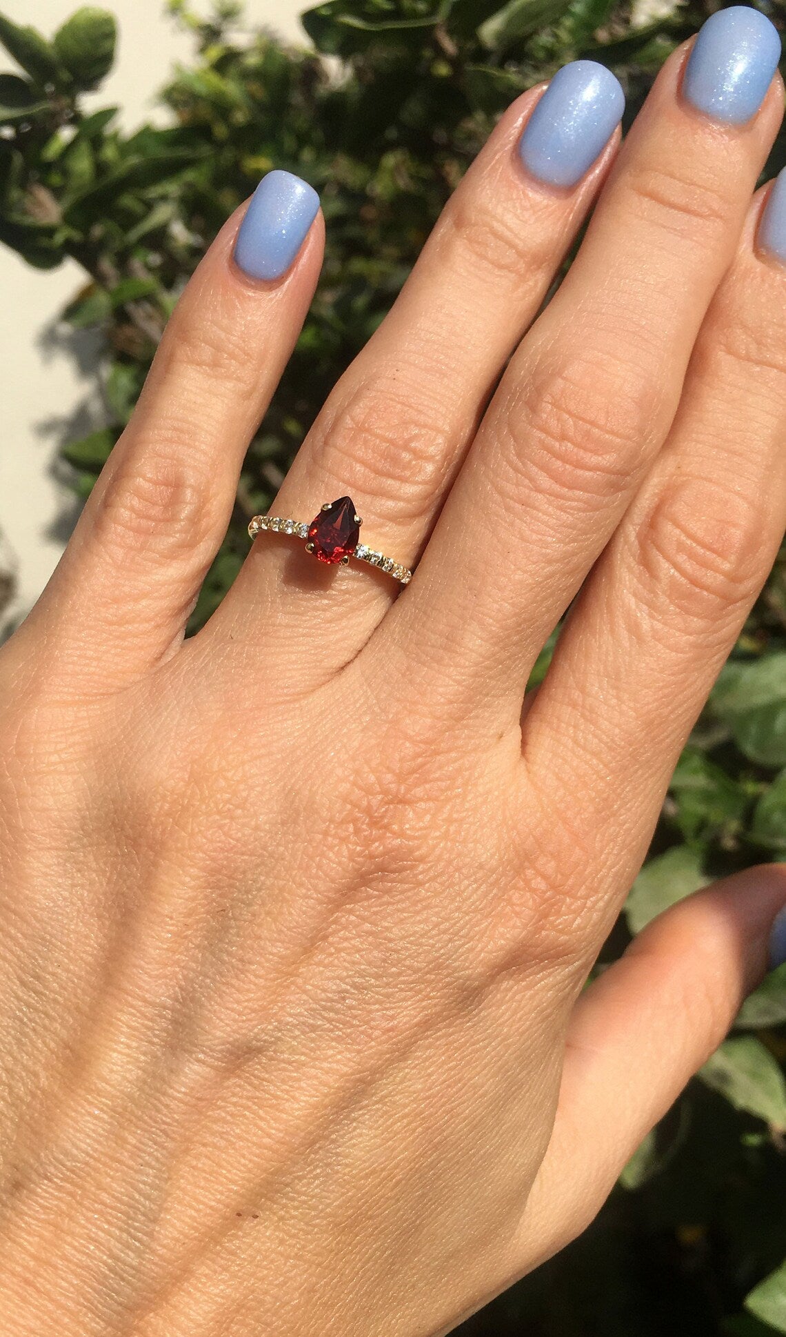 Red Garnet Ring - January Birthstone - Pear-Shaped Red Garnet Gemstone Ring with Clear Quartz Accents - H.L.Jewelry