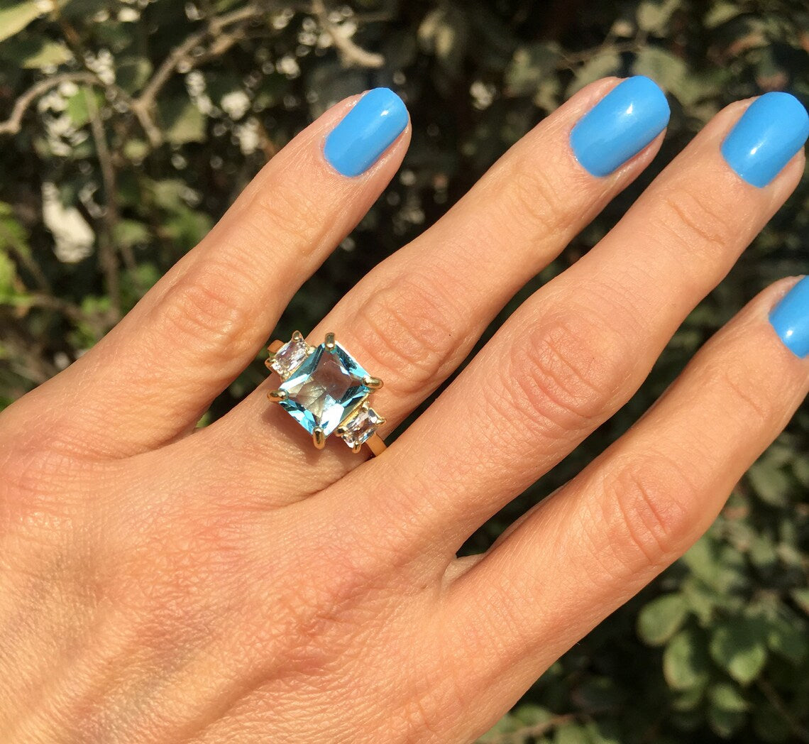 Aquamarine Ring - March Birthstone - Statement Engagement Ring with Octagon Aquamarine Gemstone and Clear Quartz Accents - H.L.Jewelry