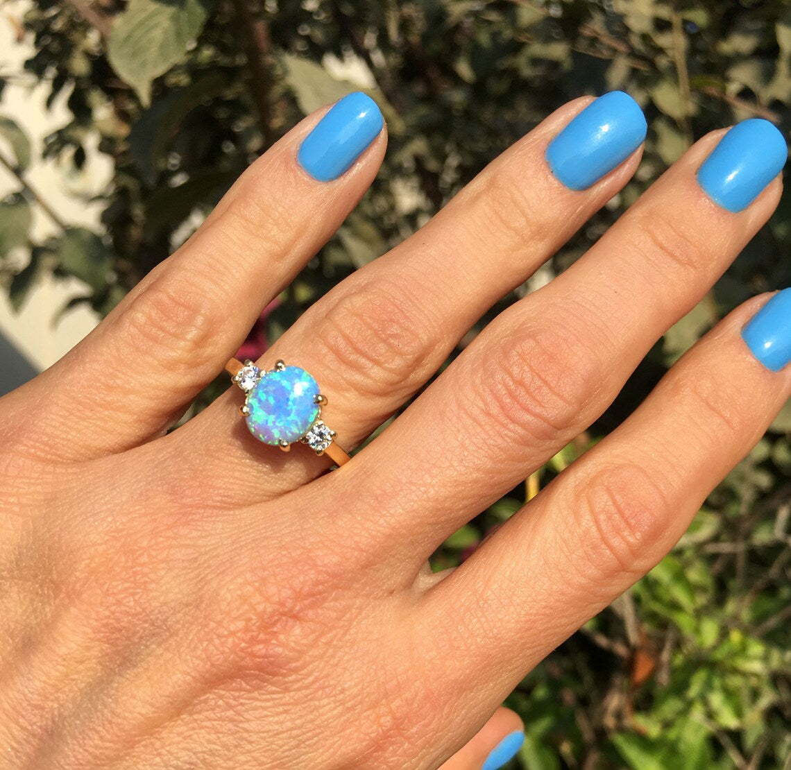 Blue Opal Ring - October Birthstone - Statement Engagement Ring with Oval Blue Opal Gemstone and Clear Quartz Accents - H.L.Jewelry