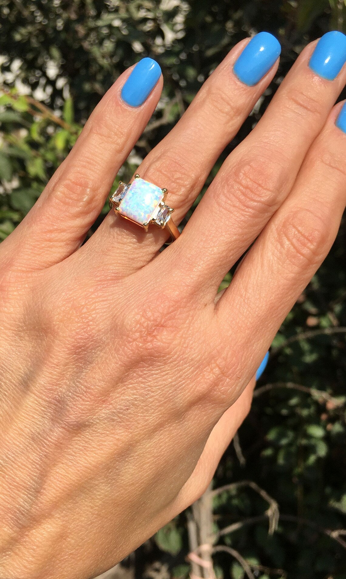 White Opal Ring - Statement Engagement Ring with Octagon White Opal Gemstone and Clear Quartz Accents - H.L.Jewelry