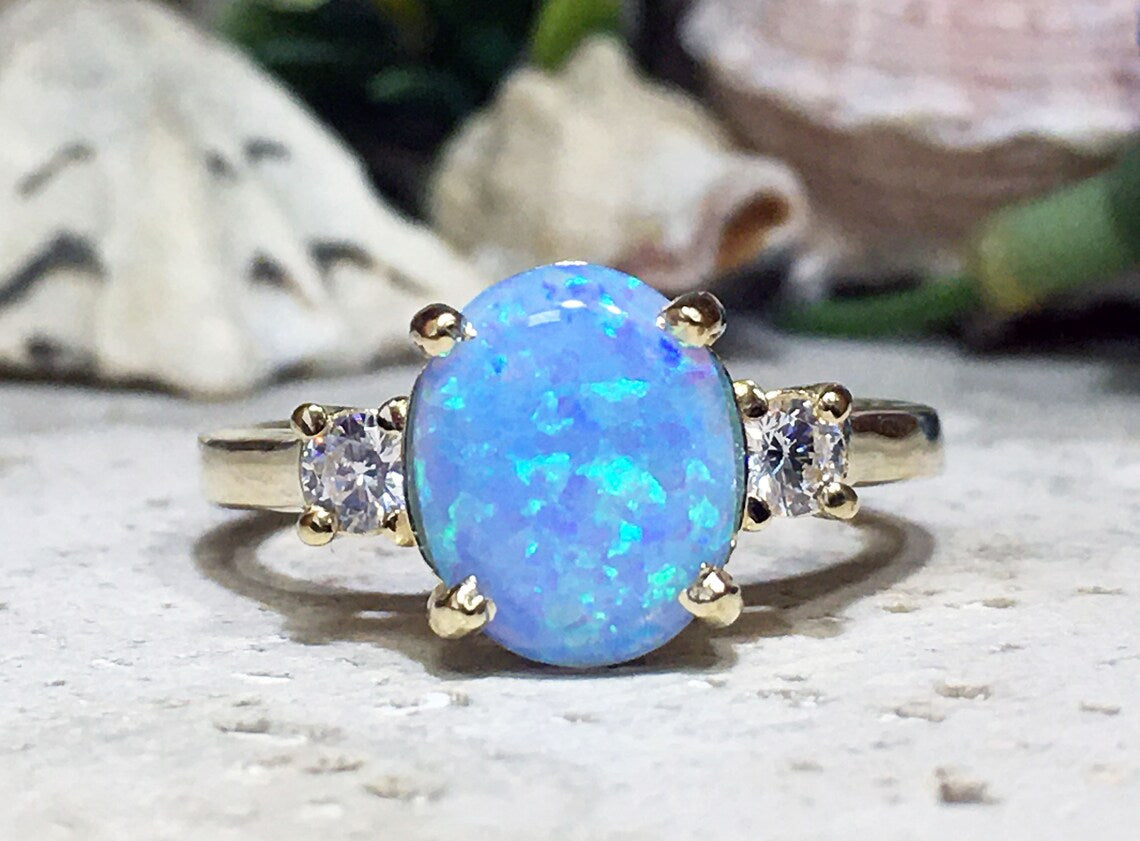 Blue Opal Ring - October Birthstone - Statement Engagement Ring with Oval Blue Opal Gemstone and Clear Quartz Accents - H.L.Jewelry