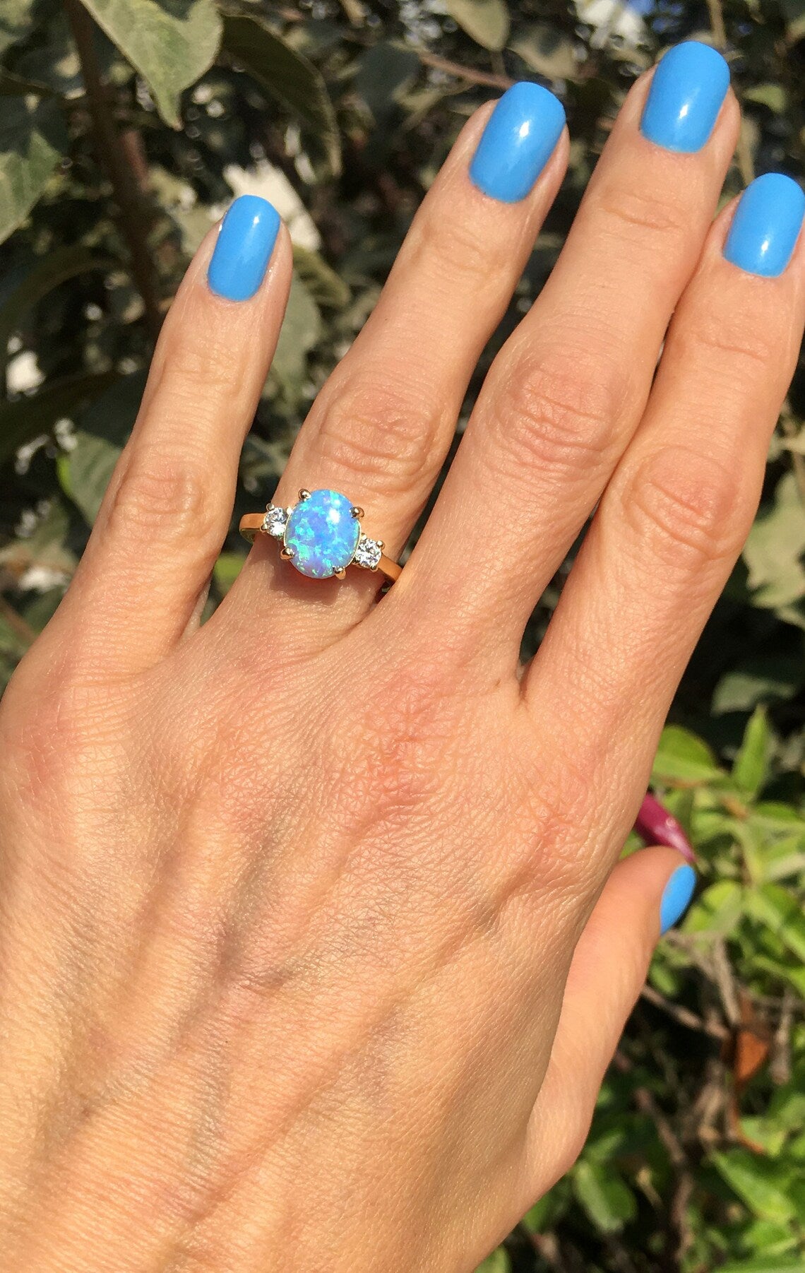 Blue Opal Ring - October Birthstone - Statement Engagement Ring with Oval Blue Opal Gemstone and Clear Quartz Accents - H.L.Jewelry