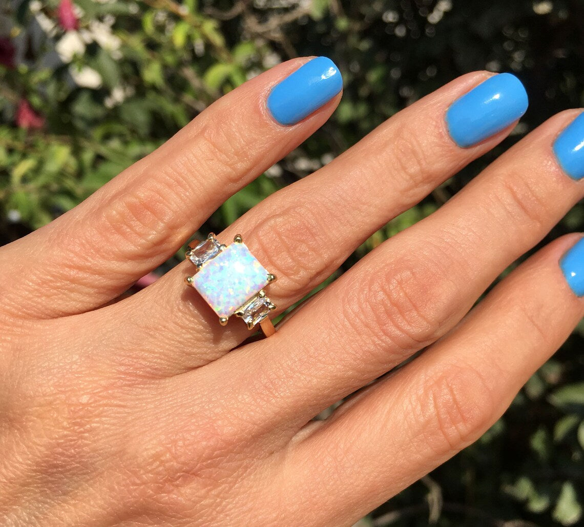 White Opal Ring - Statement Engagement Ring with Octagon White Opal Gemstone and Clear Quartz Accents - H.L.Jewelry