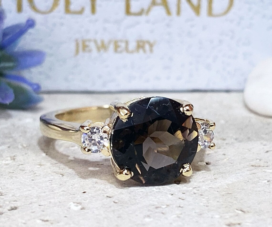 Smoky Quartz Ring - Statement Engagement Ring with Round Smoky Quartz Gemstone and Clear Quartz Accents - H.L.Jewelry