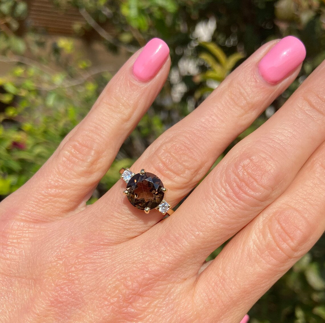 Smoky Quartz Ring - Statement Engagement Ring with Round Smoky Quartz Gemstone and Clear Quartz Accents - H.L.Jewelry