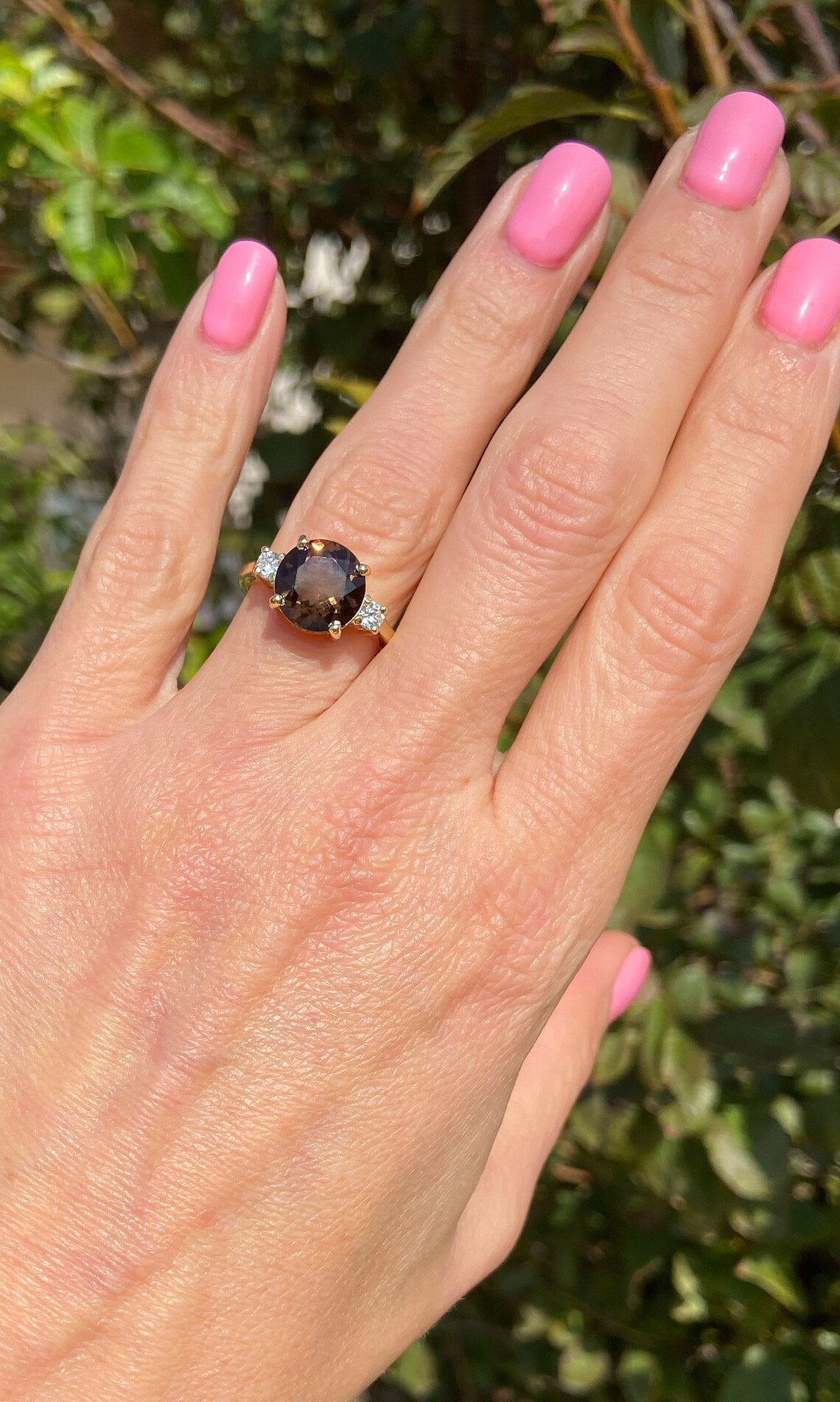 Smoky Quartz Ring - Statement Engagement Ring with Round Smoky Quartz Gemstone and Clear Quartz Accents - H.L.Jewelry