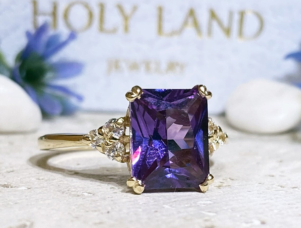 Alexandrite Ring - June Birthstone - Octagon Alexandrite Gemstone Statement Engagement Ring with Clear Quartz Accents - H.L.Jewelry