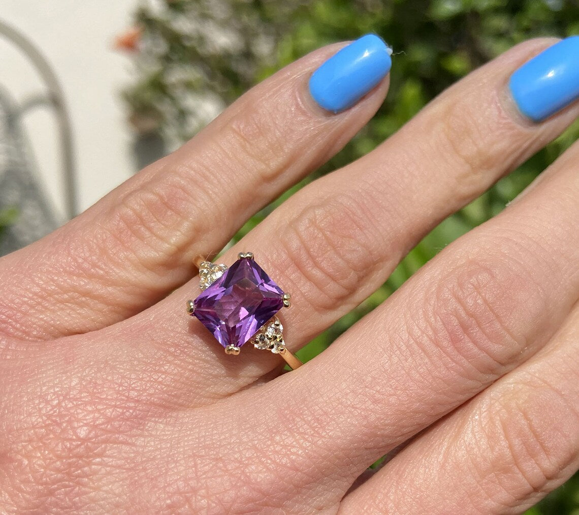 Alexandrite Ring - June Birthstone - Octagon Alexandrite Gemstone Statement Engagement Ring with Clear Quartz Accents - H.L.Jewelry