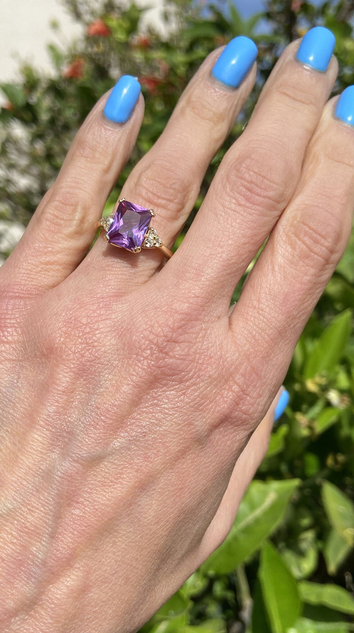 Alexandrite Ring - June Birthstone - Octagon Alexandrite Gemstone Statement Engagement Ring with Clear Quartz Accents - H.L.Jewelry