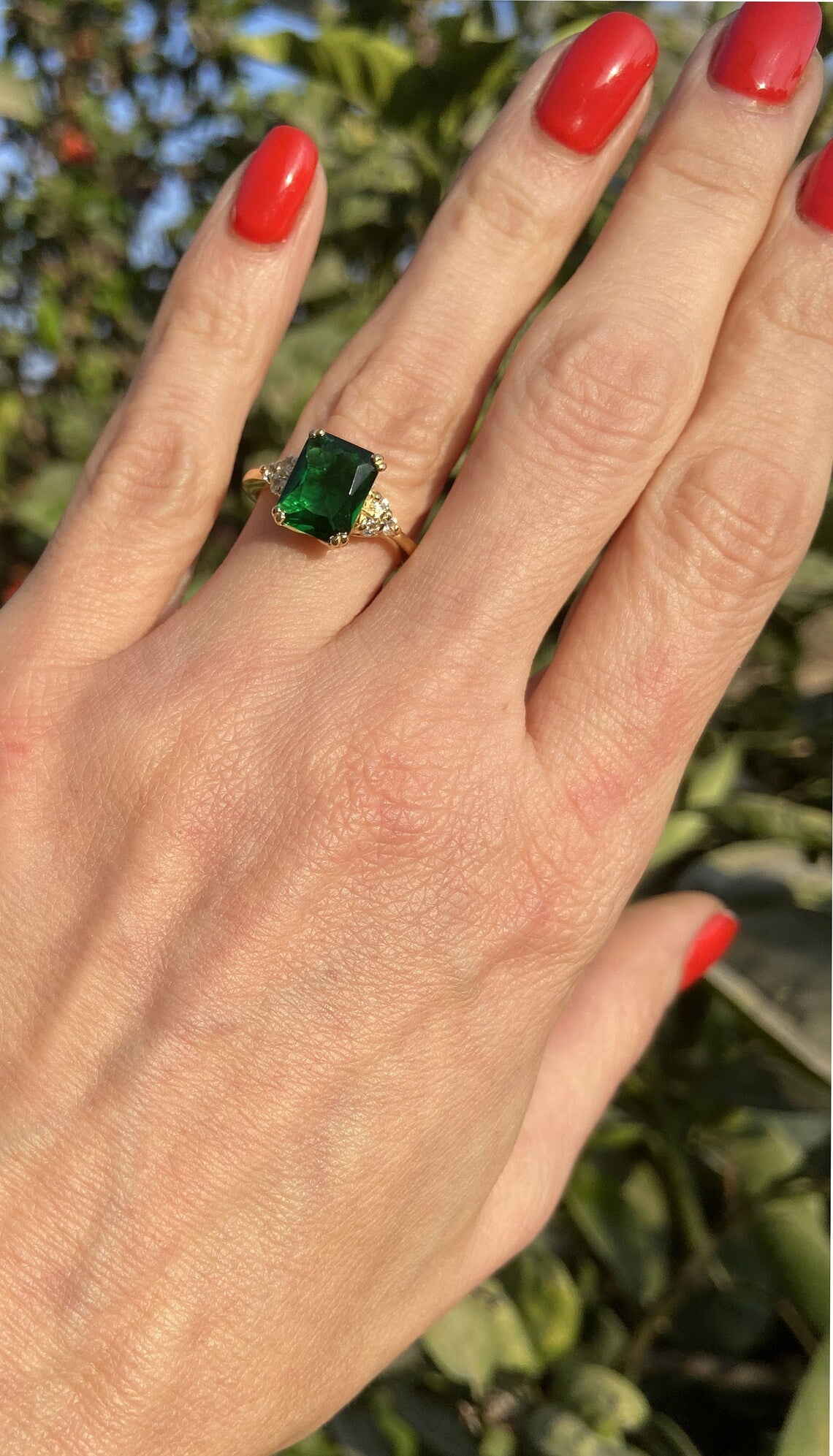 Emerald Ring - May Birthstone - Octagon Emerald Gemstone Statement Engagement Ring with Clear Quartz Accents - H.L.Jewelry