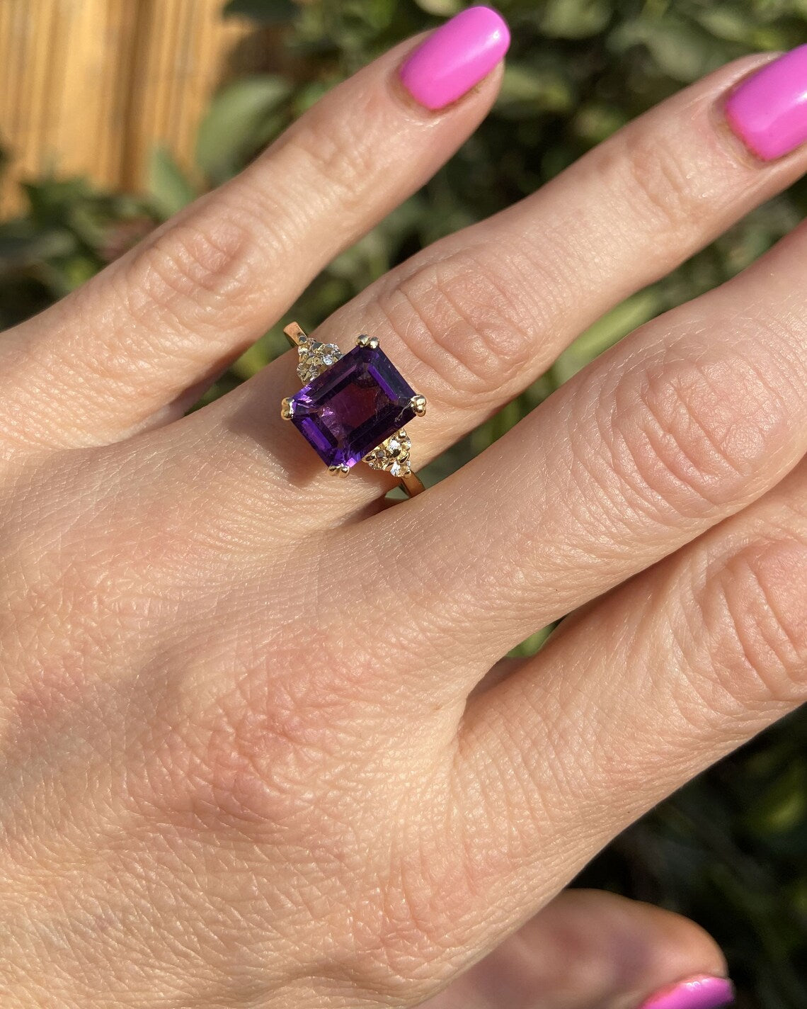 Purple Amethyst Ring - February Birthstone - Emerald-Cut Purple Amethyst Gemstone Statement Engagement Ring with Clear Quartz Accents - H.L.Jewelry