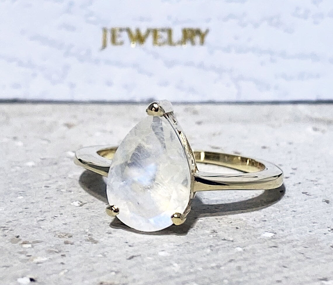 Rainbow Moonstone Ring - June Birthstone - Lace Setting Ring with Pear-Shaped Rainbow Moonstone - H.L.Jewelry