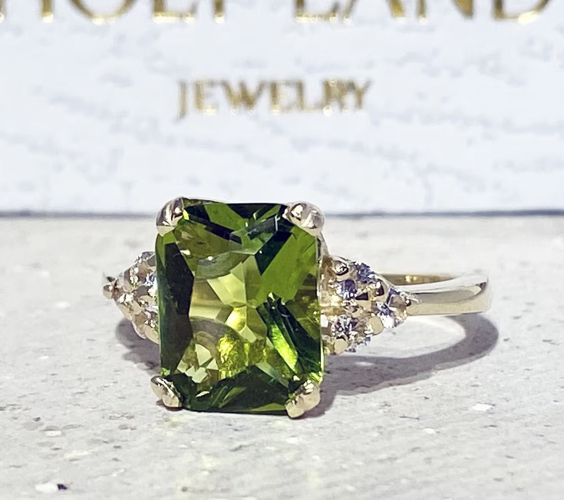 Peridot Ring - August Birthstone Jewelry - Statement Engagement Ring with Octagon Peridot Gemstone and Clear Quartz Accents - H.L.Jewelry