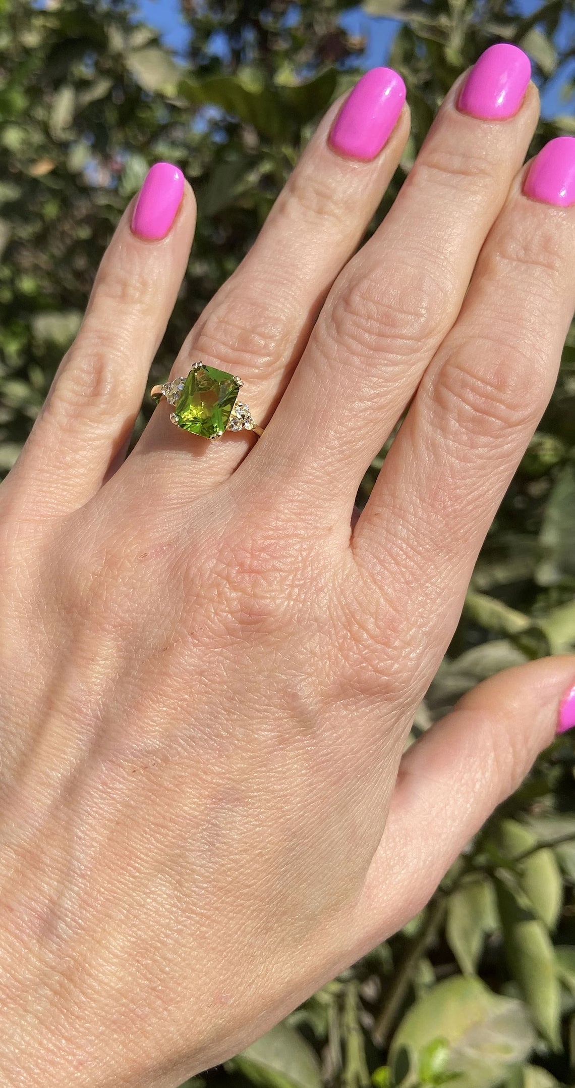 Peridot Ring - August Birthstone Jewelry - Statement Engagement Ring with Octagon Peridot Gemstone and Clear Quartz Accents - H.L.Jewelry