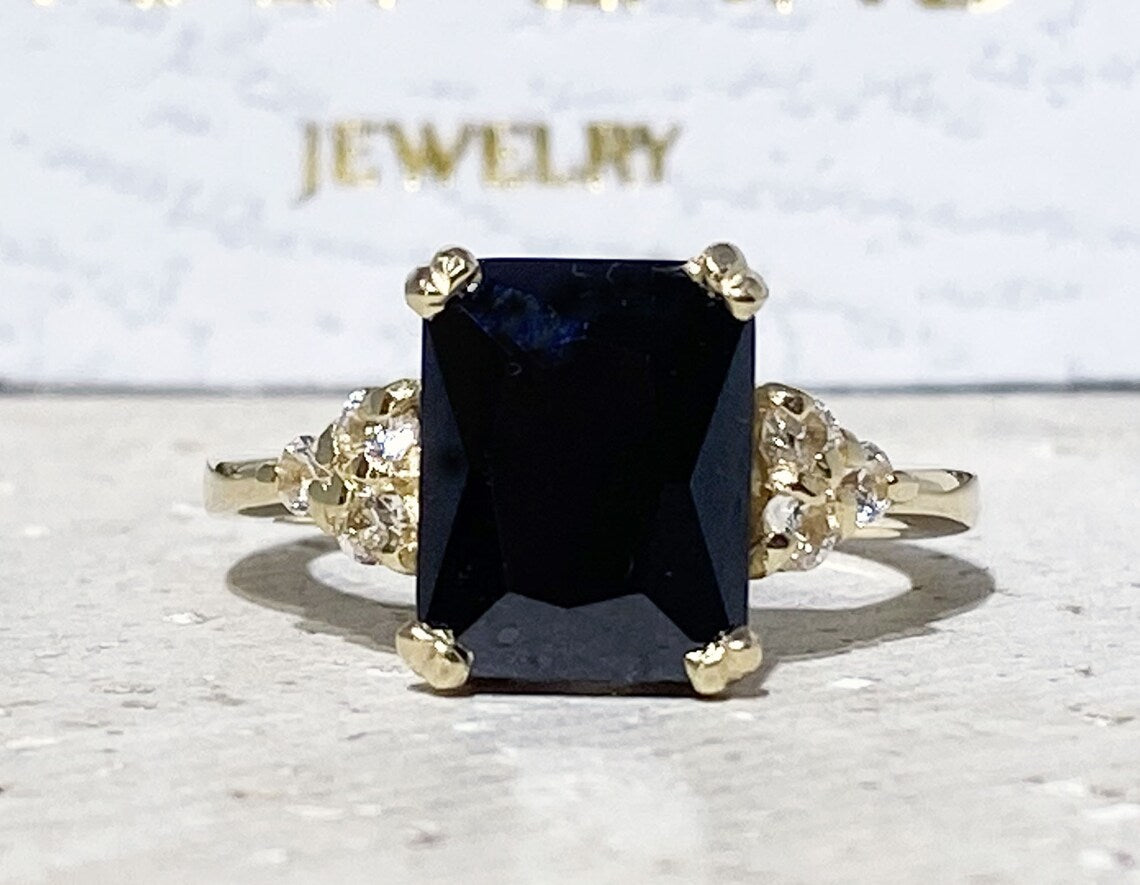 Black Onyx Ring - December Birthstone - Octagon Black Onyx Gemstone Statement Engagement Ring with Clear Quartz Accents - H.L.Jewelry