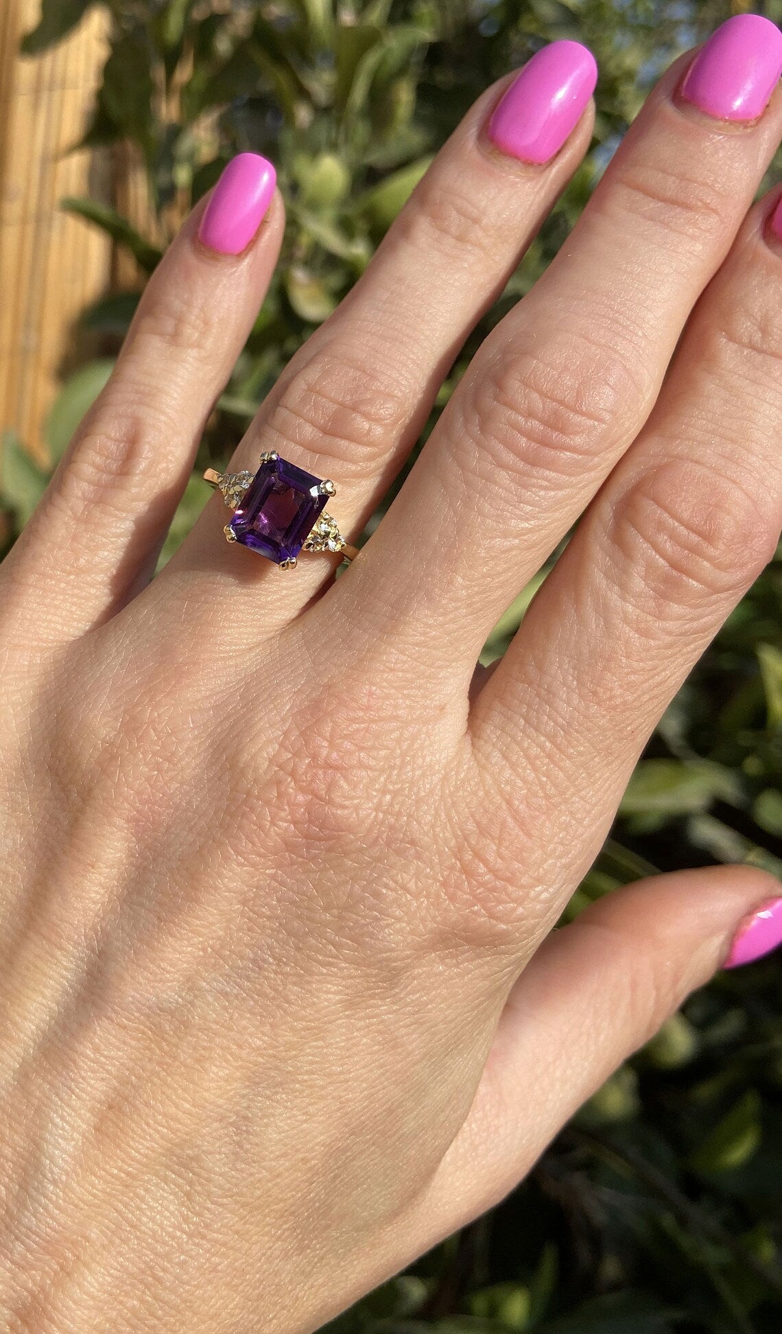 Purple Amethyst Ring - February Birthstone - Emerald-Cut Purple Amethyst Gemstone Statement Engagement Ring with Clear Quartz Accents - H.L.Jewelry