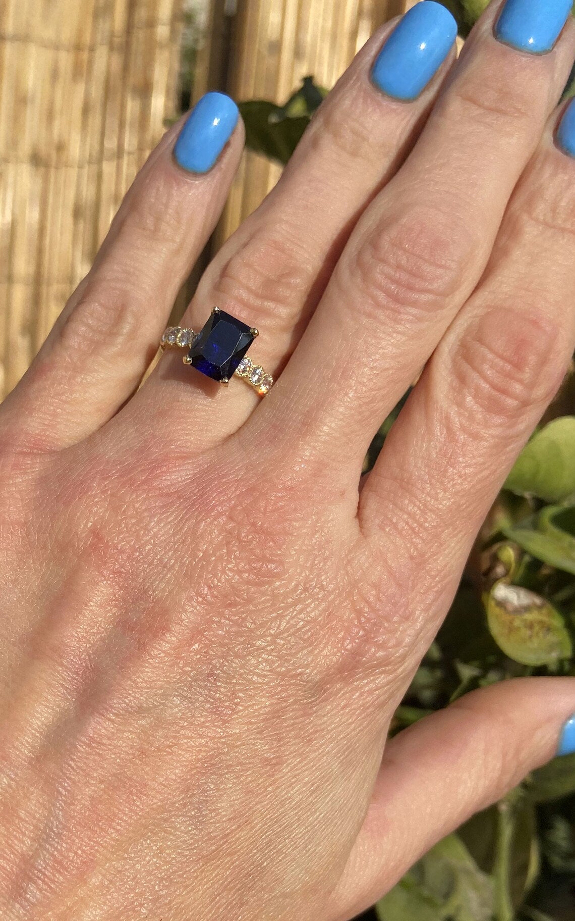 Blue Sapphire Ring - September Birthstone - Octagon Blue Sapphire Gemstone Statement Engagement Ring with Clear Quartz Accents - H.L.Jewelry