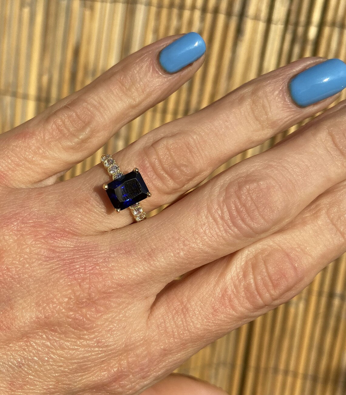 Blue Sapphire Ring - September Birthstone - Octagon Blue Sapphire Gemstone Statement Engagement Ring with Clear Quartz Accents - H.L.Jewelry