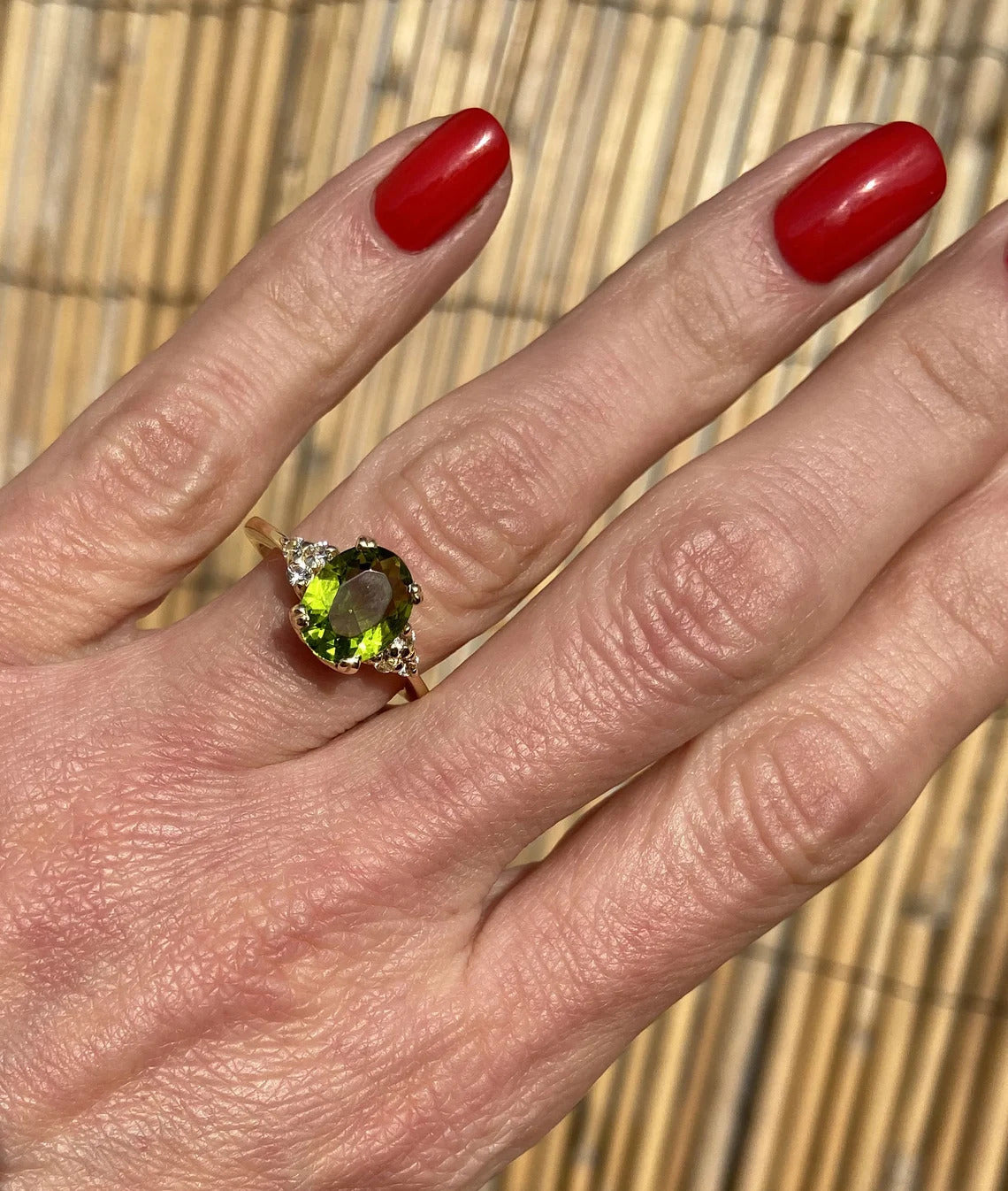 Peridot Ring - August Birthstone Jewelry - Statement Engagement Ring with Oval Peridot Gemstone and Clear Quartz Accents - H.L.Jewelry