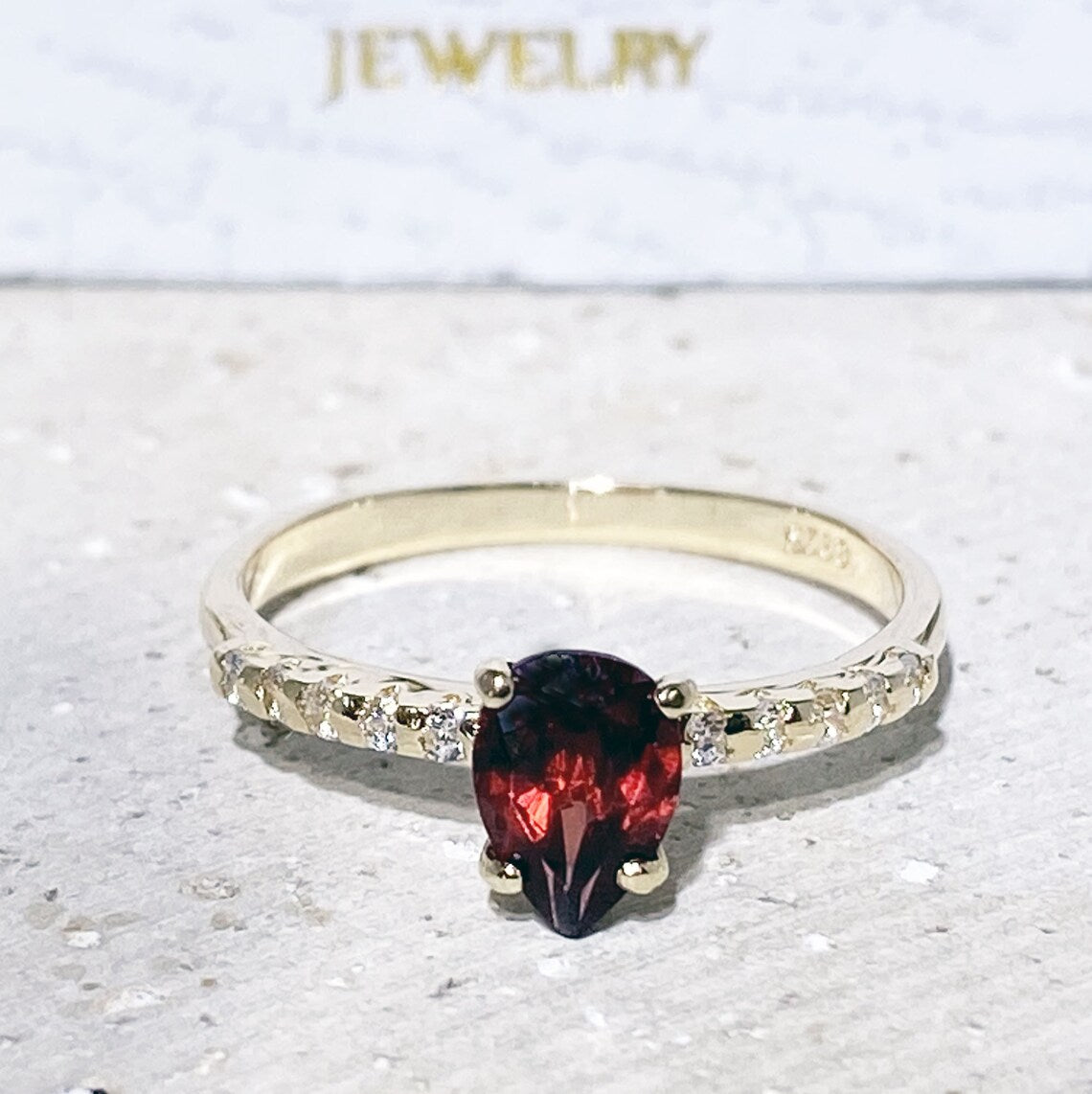 Red Garnet Ring - January Birthstone - Pear-Shaped Red Garnet Gemstone Ring with Clear Quartz Accents - H.L.Jewelry