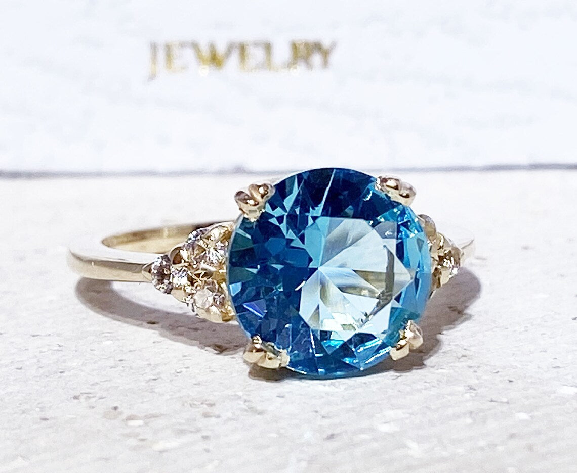 Aquamarine Ring - March Birthstone - Statement Engagement Round Aquamarine Gemstone Ring and Clear Quartz Accents - H.L.Jewelry