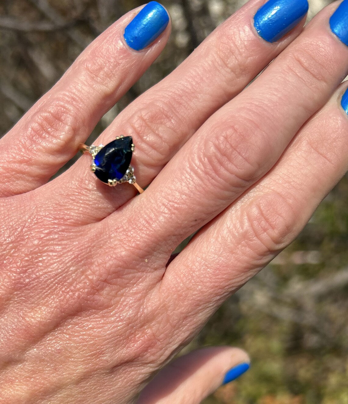 Blue Sapphire Ring - September Birthstone - Pear-Shaped Blue Sapphire Gemstone Statement Engagement Ring with Clear Quartz Accents - H.L.Jewelry