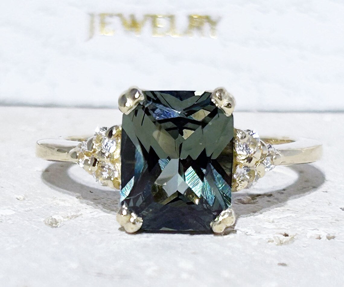 Green Tourmaline Ring - Octagon Green Tourmaline Gemstone Statement Engagement Ring with Clear Quartz Accents - H.L.Jewelry