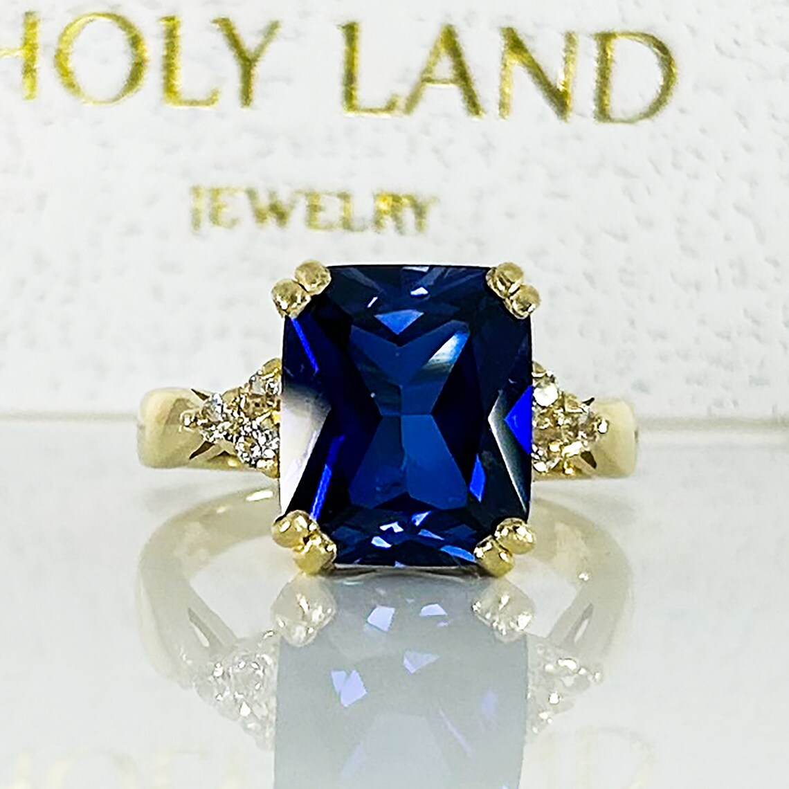 Blue Sapphire Ring - September Birthstone - Statement Engagement Ring with Octagon Blue Sapphire and Clear Quartz Accents - H.L.Jewelry