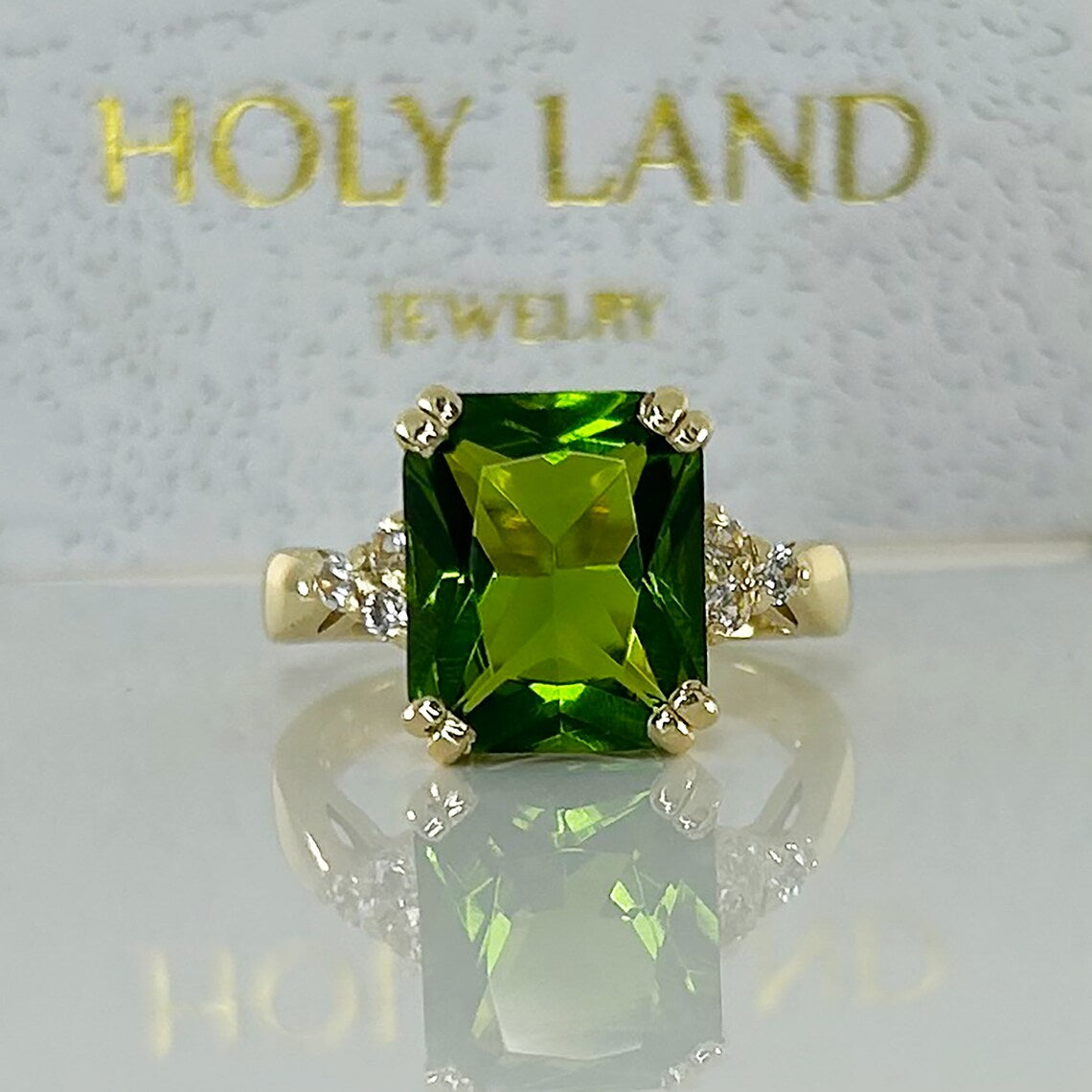 Peridot Ring - August Birthstone Jewelry - Statement Engagement Ring with Octagon Peridot Gemstone and Clear Quartz Accents - H.L.Jewelry