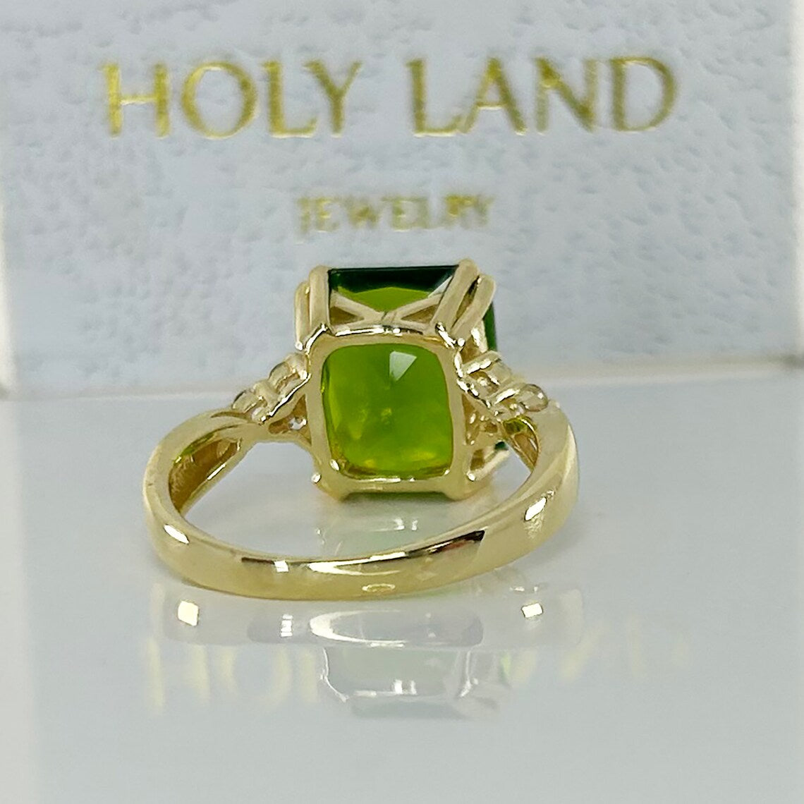 Peridot Ring - August Birthstone Jewelry - Statement Engagement Ring with Octagon Peridot Gemstone and Clear Quartz Accents - H.L.Jewelry