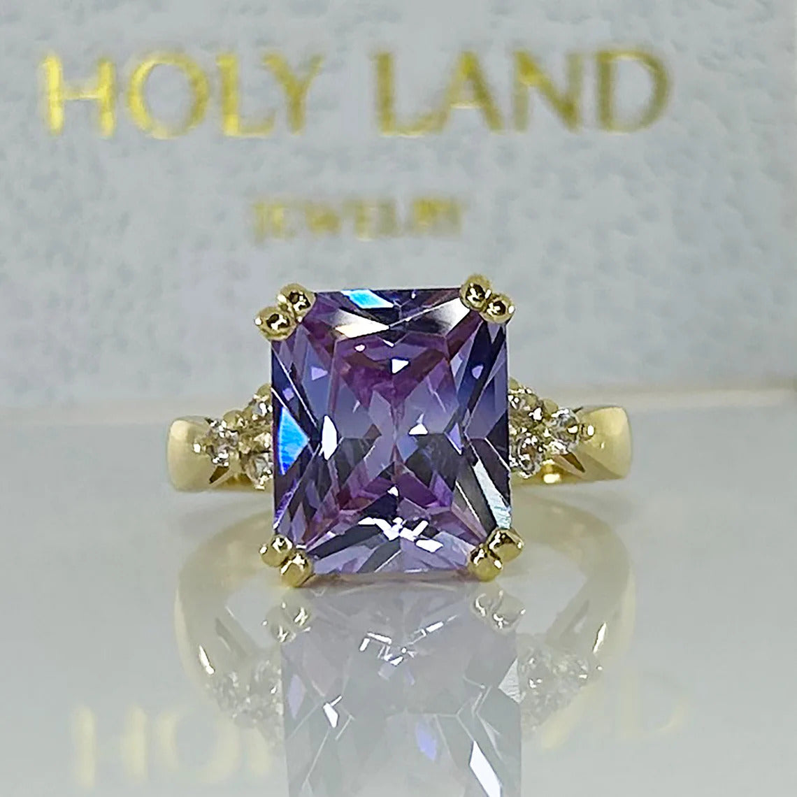 Lavender Amethyst Ring - Statement Engagement Ring with Octagon Lavender Amethyst Gemstone and Clear Quartz Accents - H.L.Jewelry