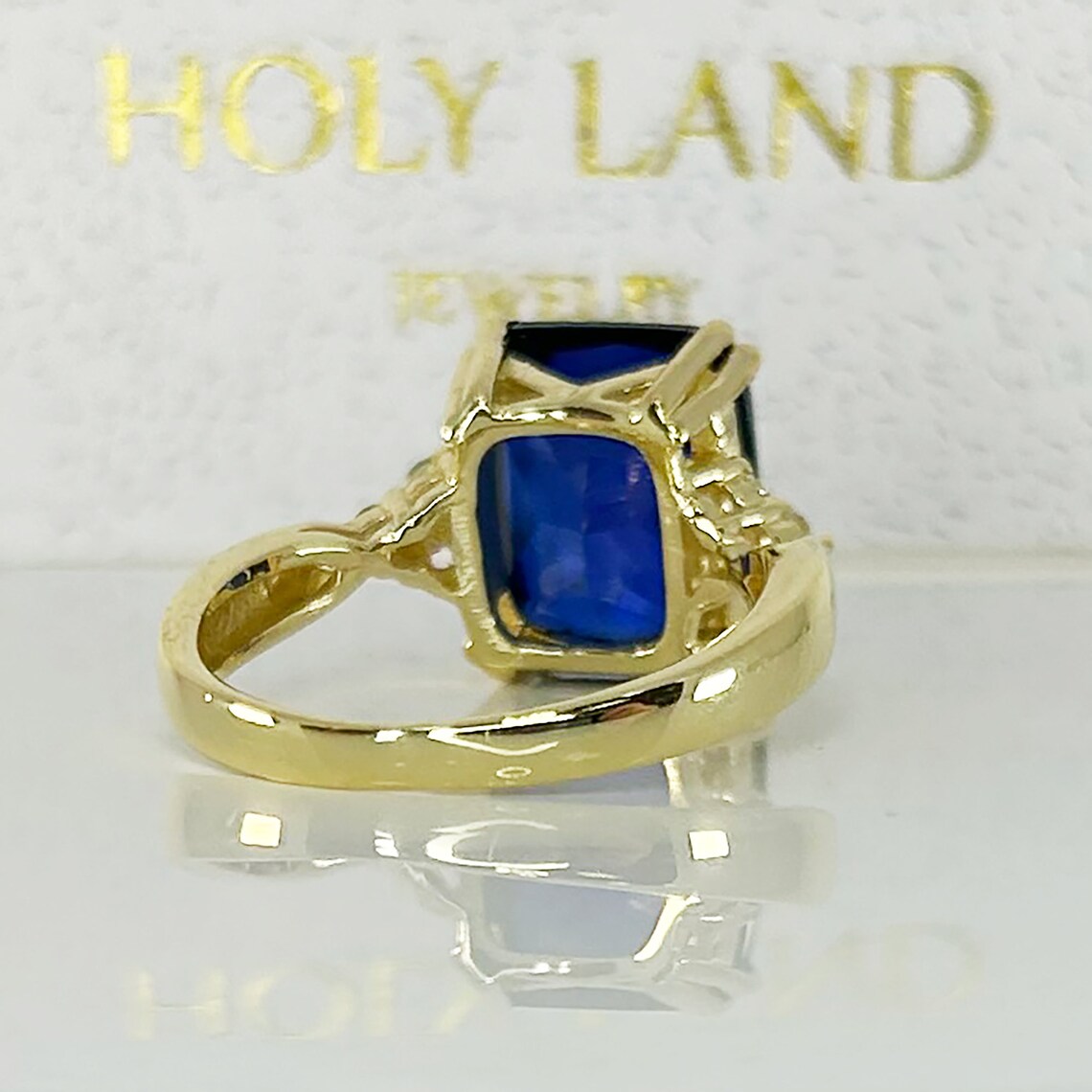 Blue Sapphire Ring - September Birthstone - Statement Engagement Ring with Octagon Blue Sapphire and Clear Quartz Accents - H.L.Jewelry