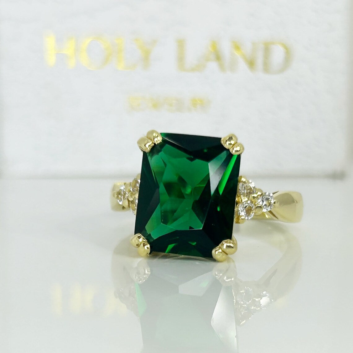 Emerald Ring - May Birthstone - Statement Engagement Ring with Octagon Emerald Gemstone and Clear Quartz Accents - H.L.Jewelry