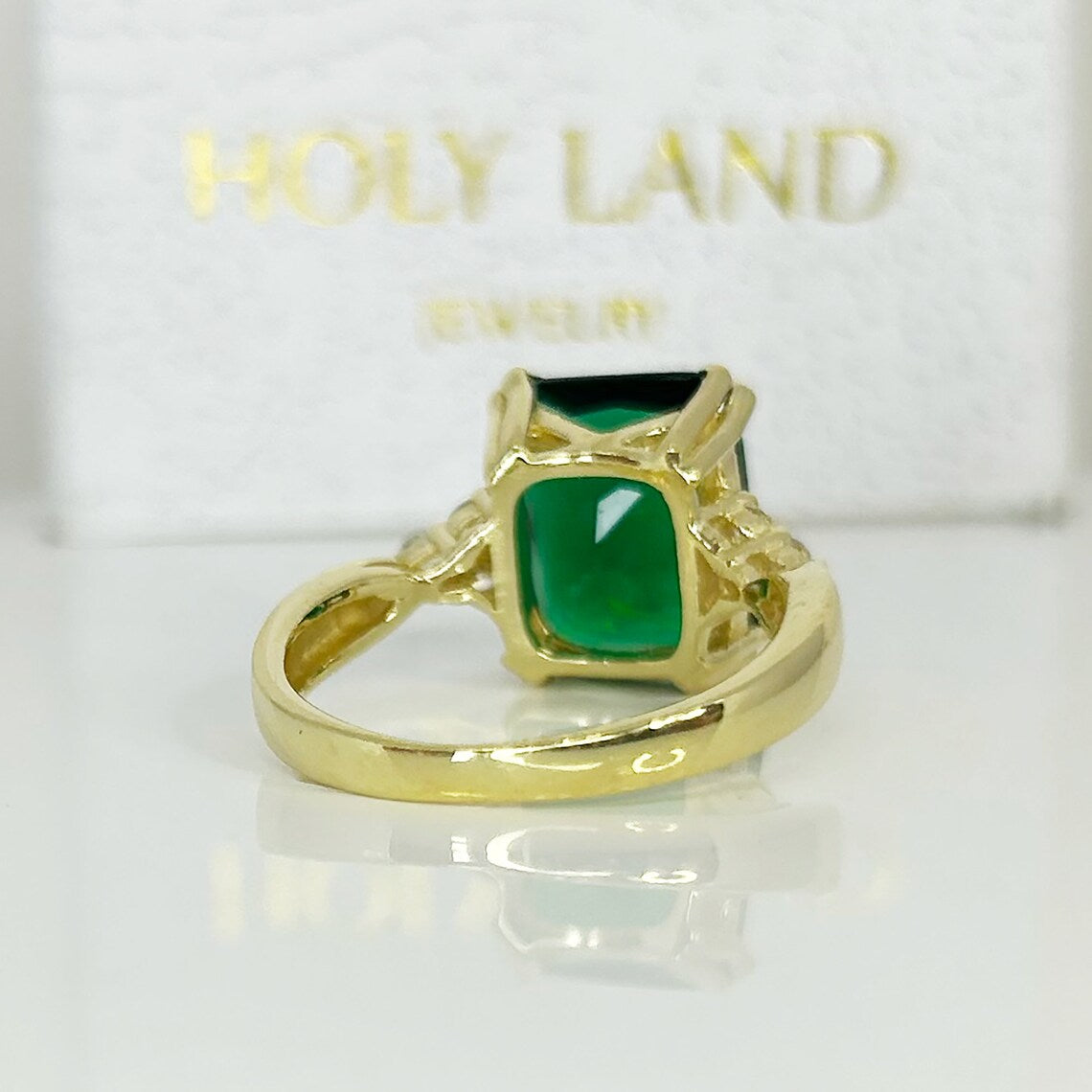 Emerald Ring - May Birthstone - Statement Engagement Ring with Octagon Emerald Gemstone and Clear Quartz Accents - H.L.Jewelry