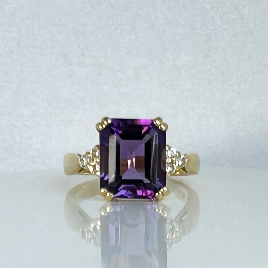 Purple Amethyst Ring - February Birthstone - Statement Engagement Ring with Octagon Purple Amethyst Gemstone and Clear Quartz Accents - H.L.Jewelry