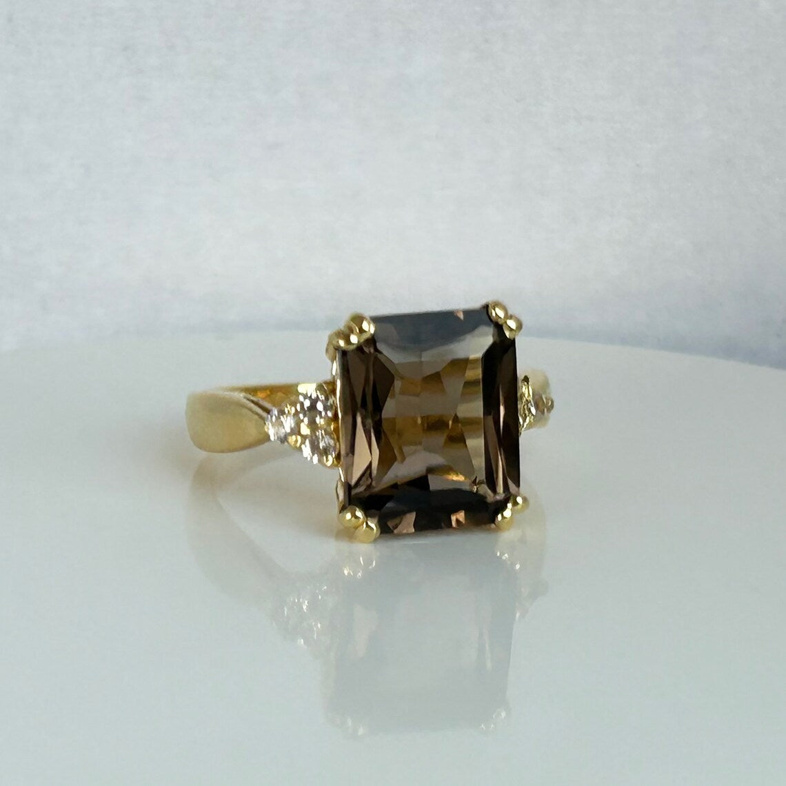 Smoky Quartz Ring - Statement Engagement Ring with Octagon Smoky Quartz Gemstone and Clear Quartz Accents - H.L.Jewelry