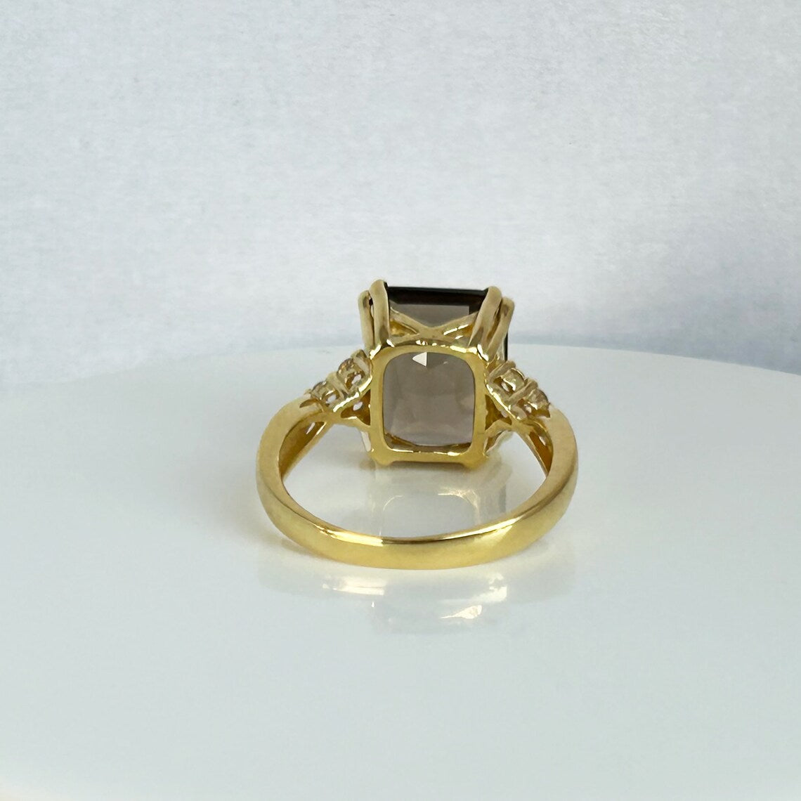 Smoky Quartz Ring - Statement Engagement Ring with Octagon Smoky Quartz Gemstone and Clear Quartz Accents - H.L.Jewelry