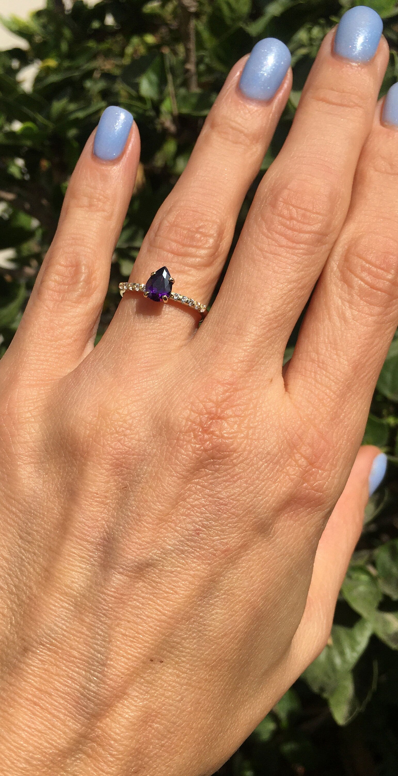 Purple Amethyst Ring - February Birthstone - Pear-Shaped Purple Amethyst Gemstone Ring with Clear Quartz Accents - H.L.Jewelry